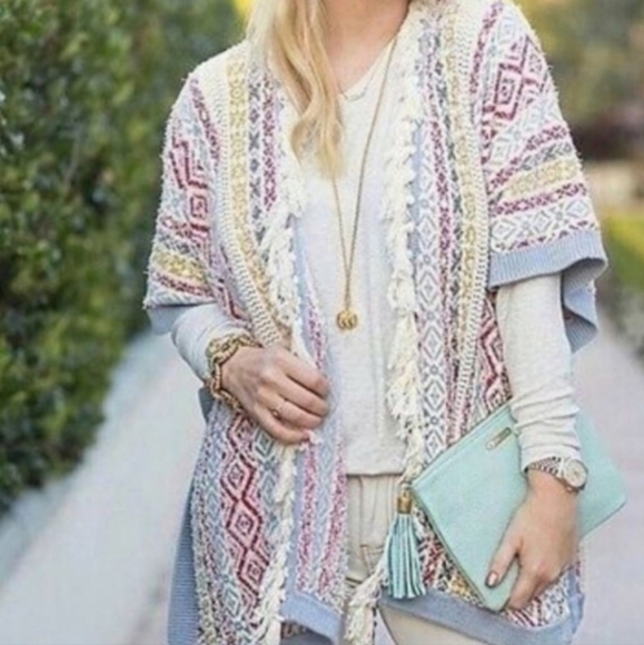 CAbi Sweaters - CAbi Siesta Multicolor Fringe Boho Western Poncho Open Front Cardigan Med/Large